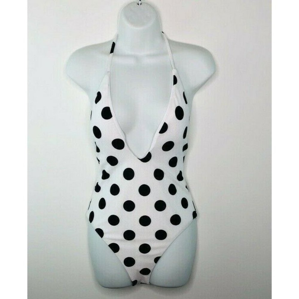 Bar III $88 Beautiful white background & large Black polka Dot Plunging Swimsuit